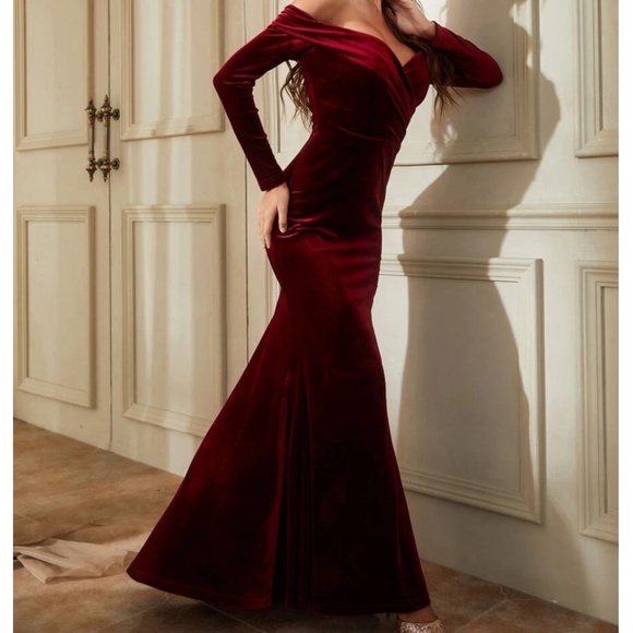 Off Shoulder Red Velvet Prom Dress - Picture 1 of 1